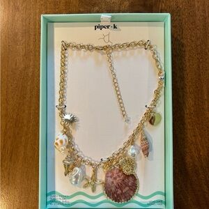 Piper K Gold Seashell Charm Summer Necklace. Glass Stone & Pearl, Natural Shell